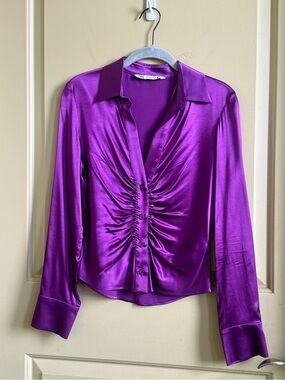 Zara Purple Satin Ruched Button-Front Blouse